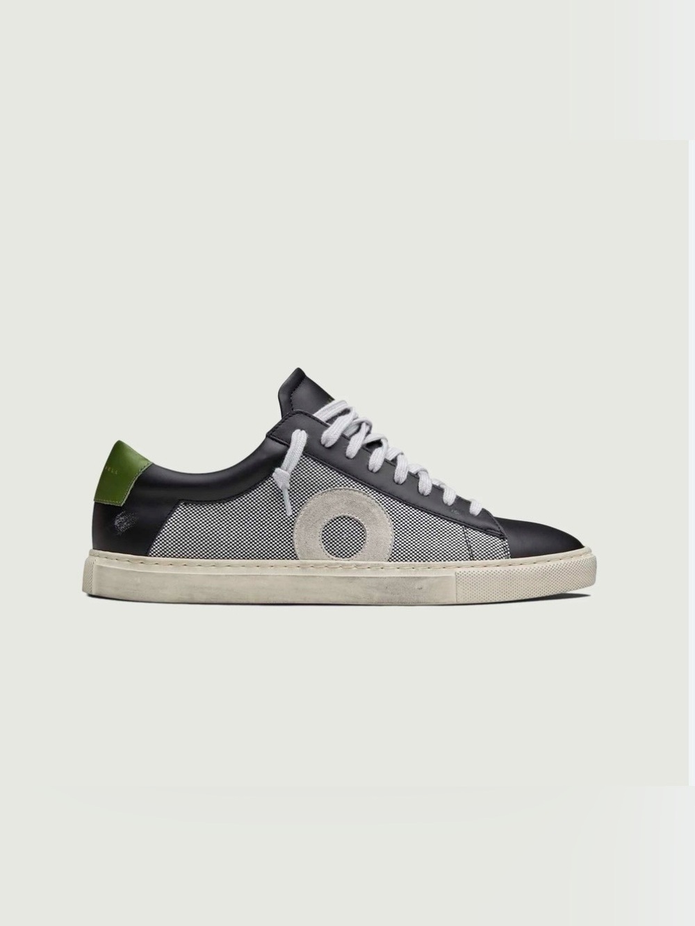 Oliver Cabell Black & White Low-Top Sneaker with Green Heel Tab